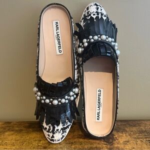 Karl Lagerfeld Black and White Mules with Pearl Accents 7.5